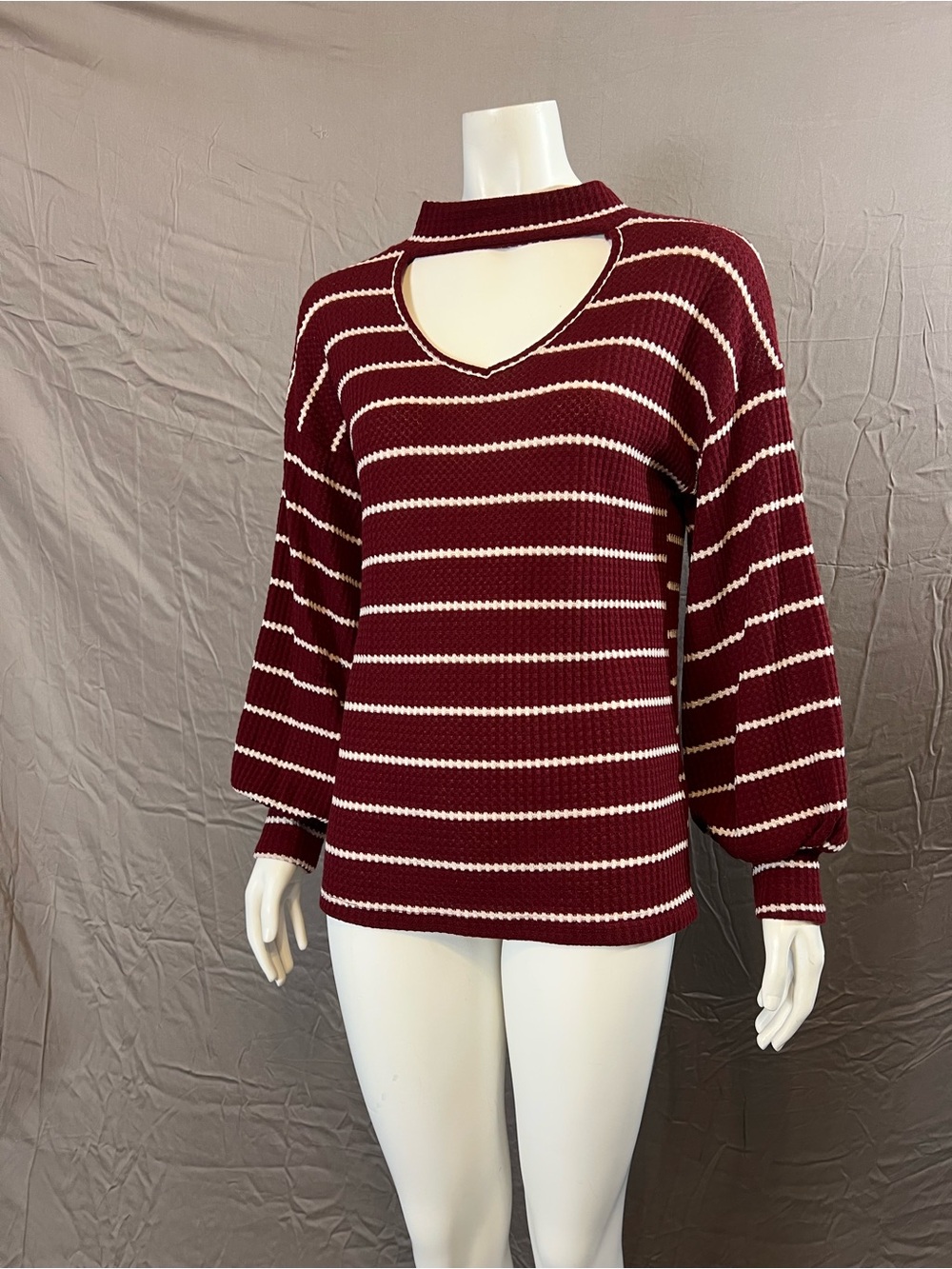 BiBi Burgundy and Cream Striped Cutout Sweater